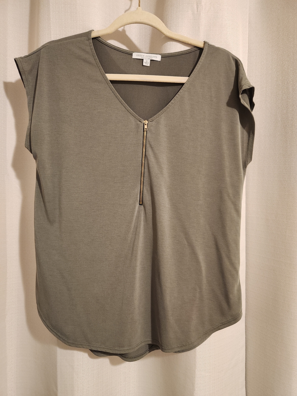 Green Envelope Olive V-Neck Short Sleeve Top with Gold Zip, Size S